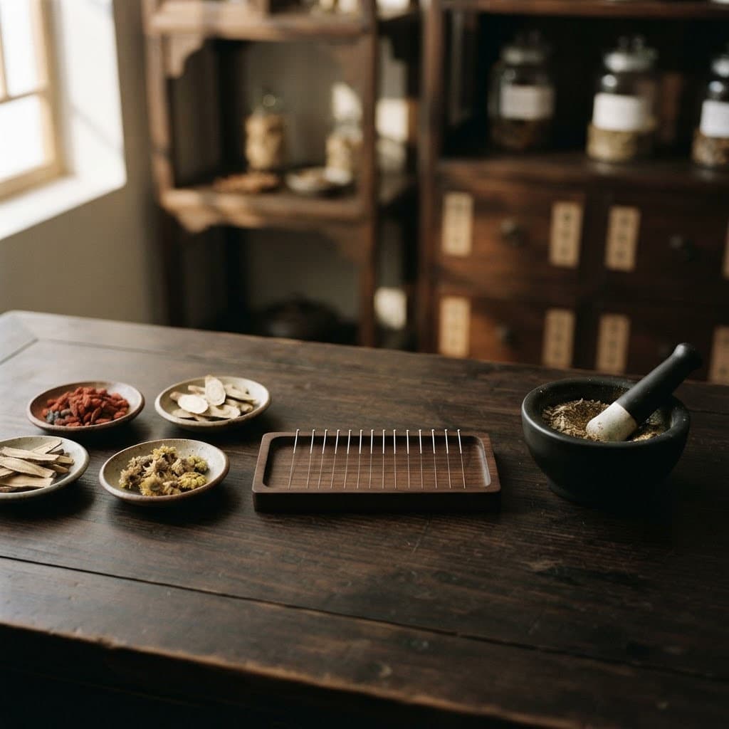 Herbs, a mortar and pestle, and an acupuncture model on a wooden table