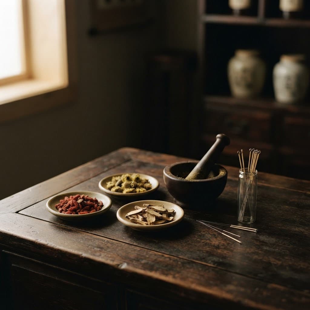 Chinese herbs, acupuncture needles, and a mortar and pestle on a wooden table