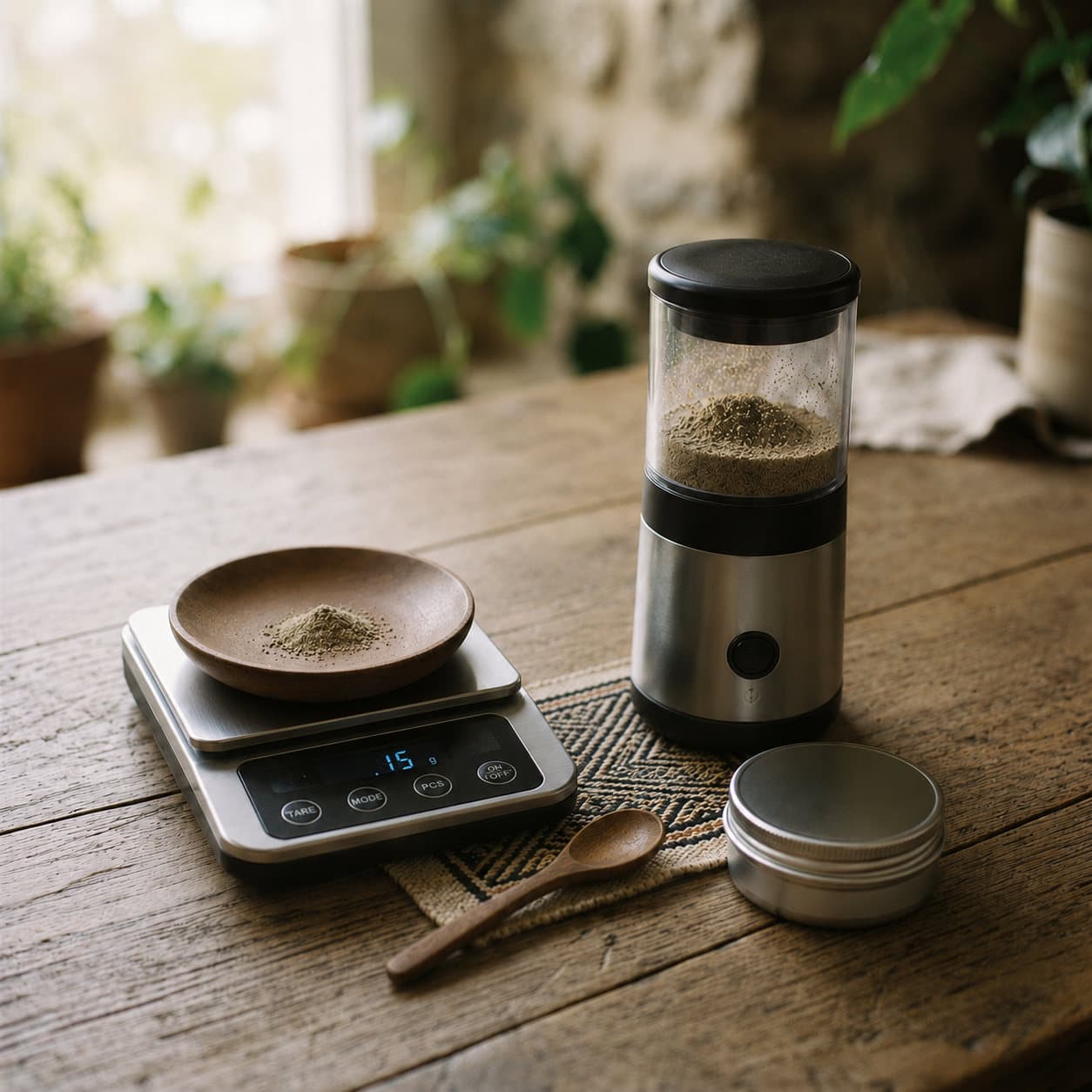 Measured mushroom powder, a grinder, and a small tin on a wooden table
