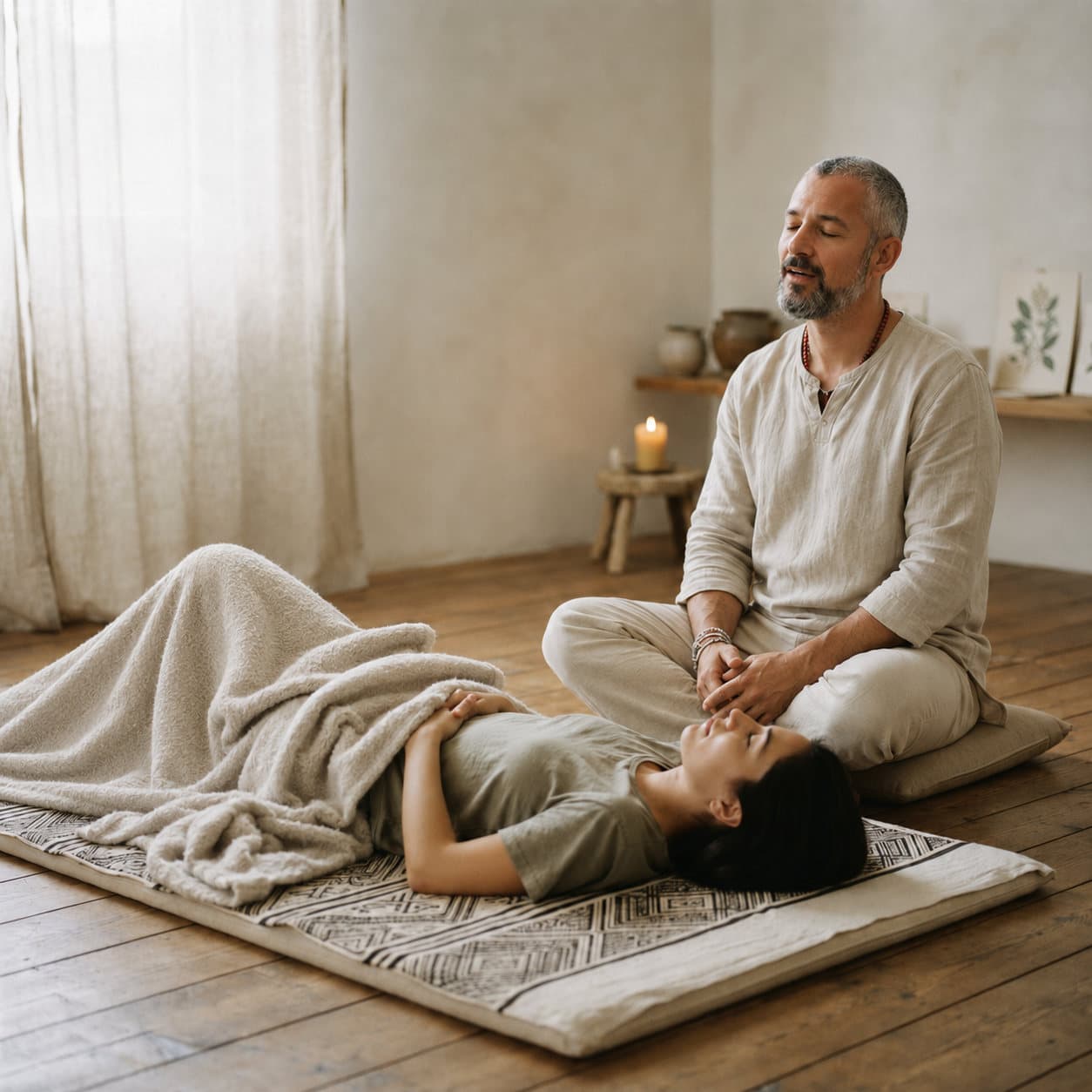 Ameyalli seated beside a participant during a one-on-one healing session